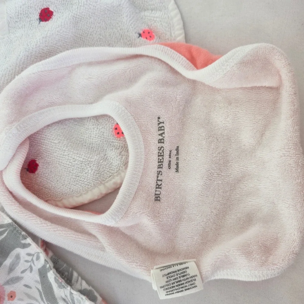 Burt's Bees Baby Jacadi Infant Toddler Bibs Lot‎ 3 Ladybug Floral